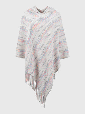 Hooded mélange cape in ivory with colorful threads and fringe detail.