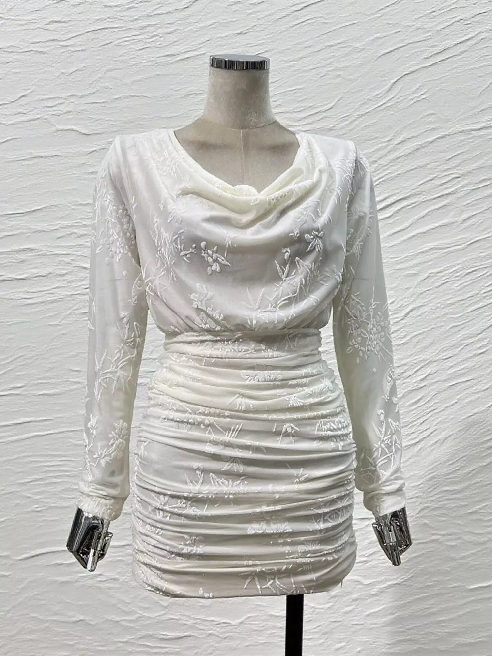 Ruched Long Sleeve Mini Dress in Off-white, close-up detail