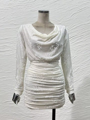Ruched Long Sleeve Mini Dress in Off-white, close-up detail