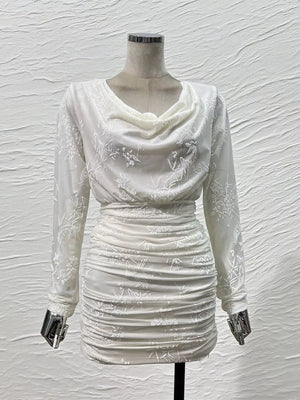 Ruched Long Sleeve Mini Dress in Off-white, close-up detail