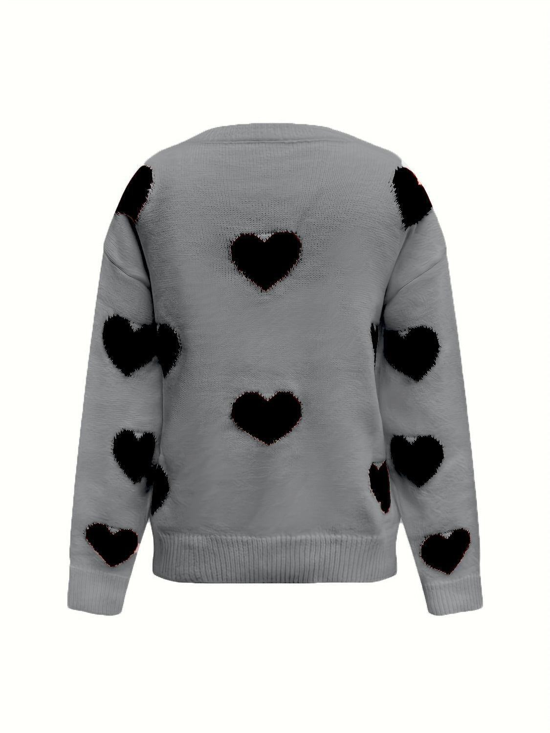 Gray oversized knit crewneck sweater with black heart pattern and drop sleeves.