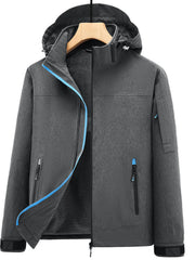 Plus-size hooded zip-up jacket in iron gray with blue zipper trim and functional pockets.