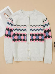 Stripe Geometric Button Up Sweater Cardigan in Light Gray, fabric detail