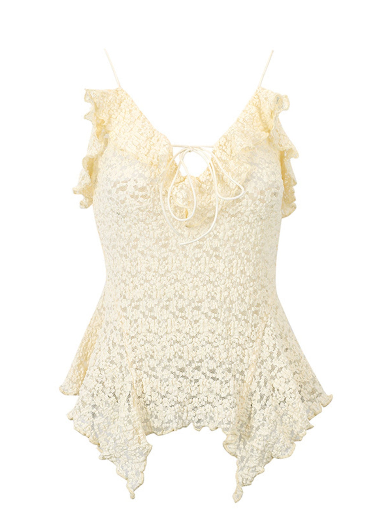Beige lace cami top with ruffle trim and tie-front neckline.