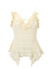 Beige lace cami top with ruffle trim and tie-front neckline.