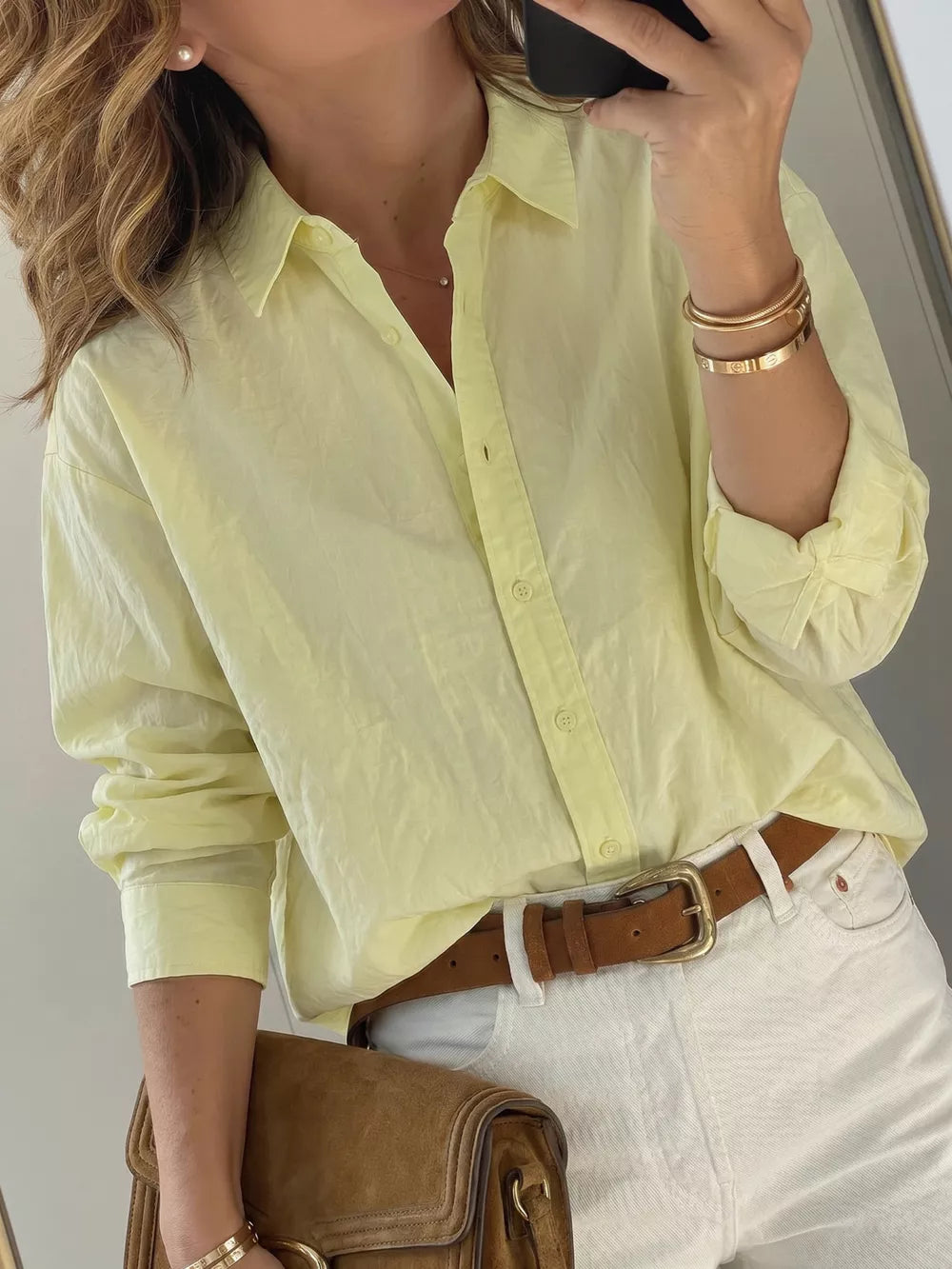 Button Up Long Sleeve Shirt in Yellow, front view
