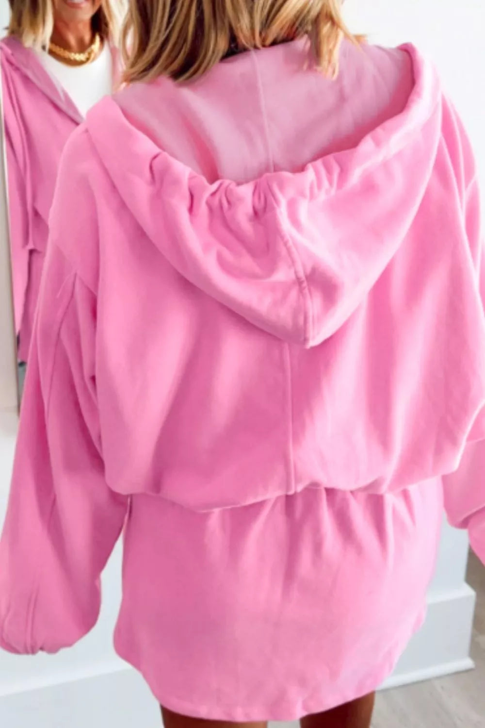 Zip-up One Piece Long Sleeve Hoodie in Pink, close-up detail