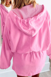 Zip-up One Piece Long Sleeve Hoodie in Pink, close-up detail