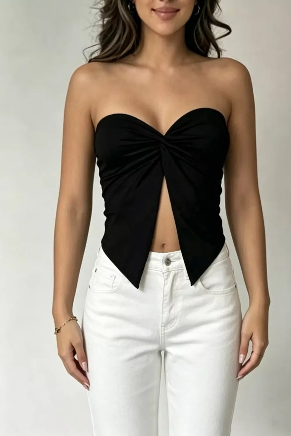 Black sweetheart twist front tank top with a deep V-cut detail.