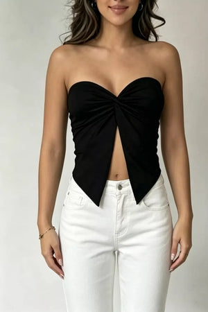 Black sweetheart twist front tank top with a deep V-cut detail.