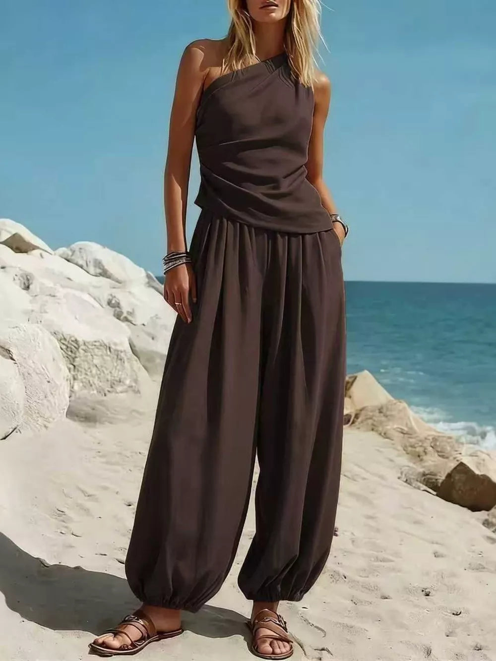 Draped One-shoulder Top & Wide-leg Pants Set
