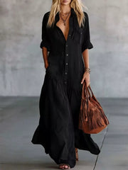 Button Front Roll-up Sleeve Maxi Dress Plus Size in Burgundy, close-up detail