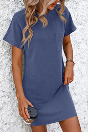 Blue ribbed tee dress with patch pocket and vertical stripes