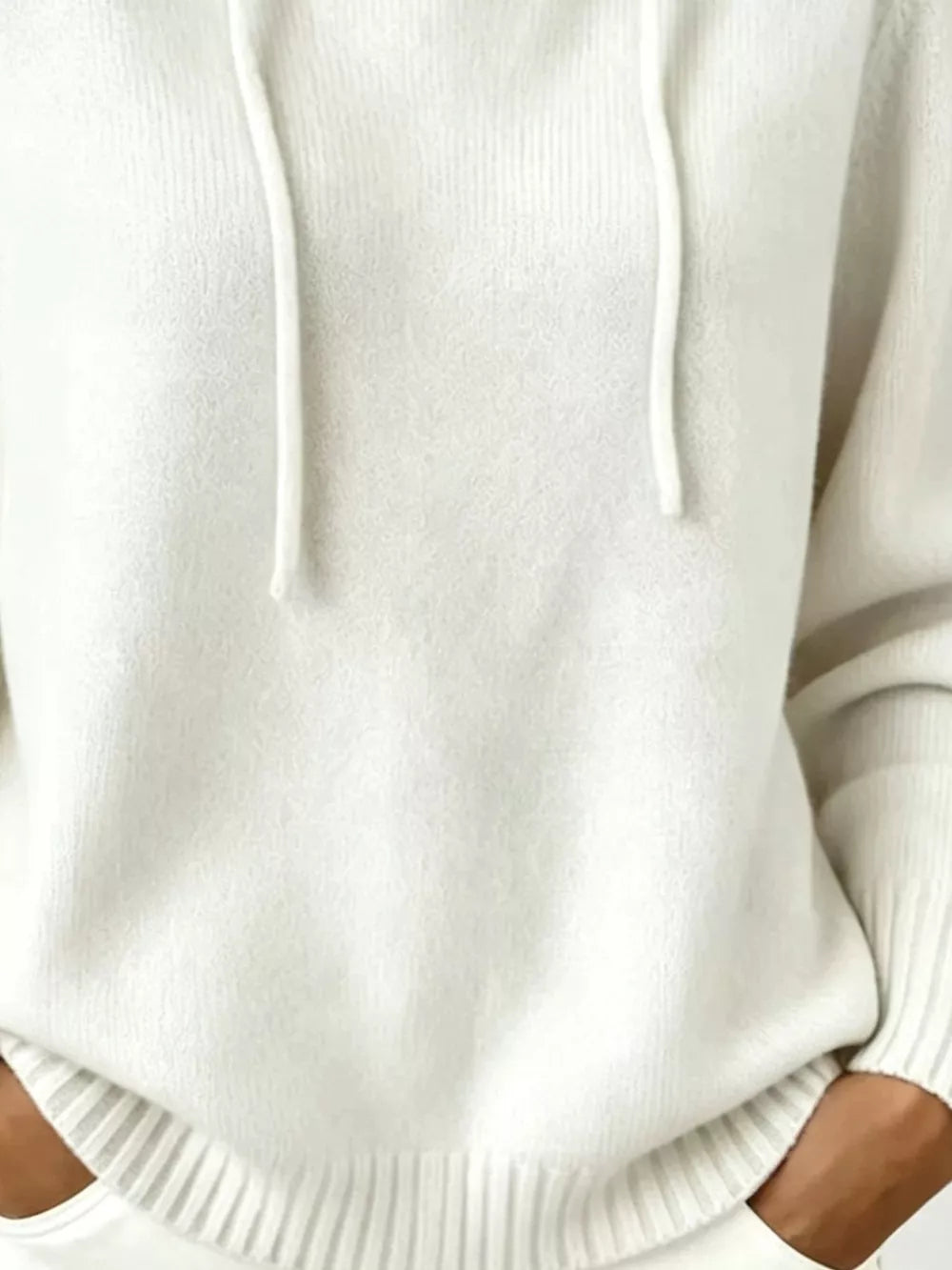 Cozy Ribbed Long-sleeve Hooded Sweater in White, close-up detail