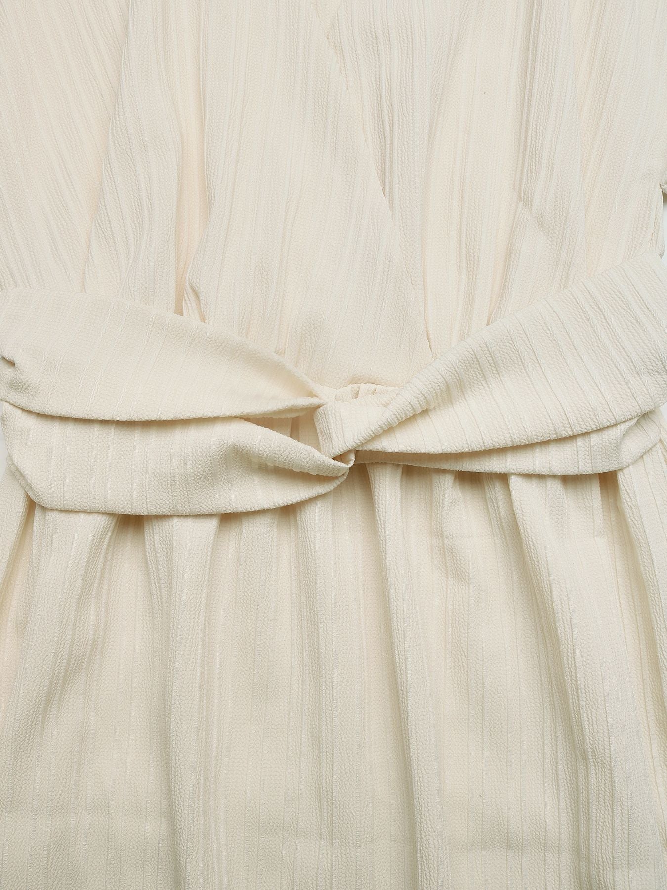 Beige cotton blend midi dress with a twisted knot detail at the waist.