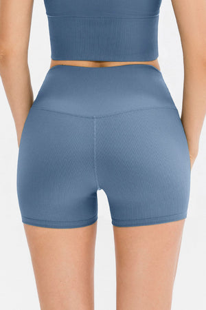 Light blue ribbed sculpting active shorts with V-waist detail