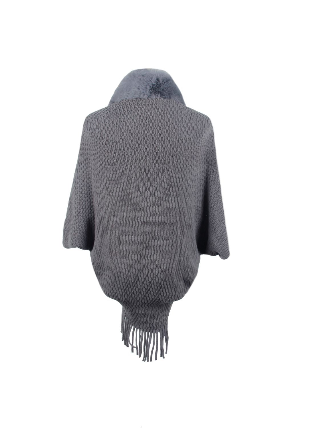 Charcoal knit poncho with faux fur collar and fringe detail