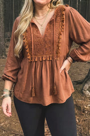Plus Size V Neck Embroidered Tassel Blouse in Caramel, front view
