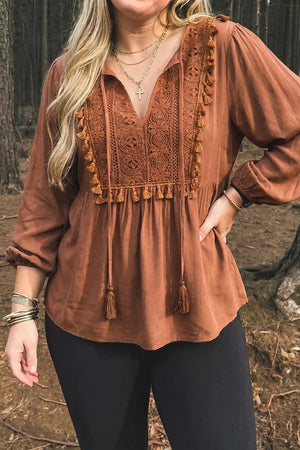 Plus Size V Neck Embroidered Tassel Blouse in Caramel, front view