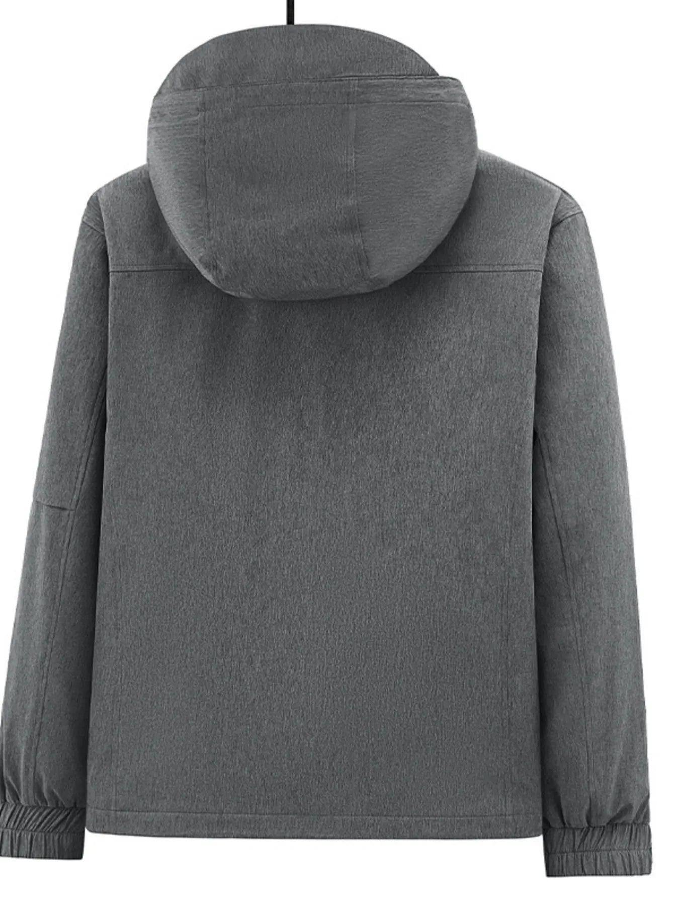 Plus-size iron gray hooded zip-up jacket with elastic cuffs and hem