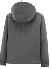 Plus-size iron gray hooded zip-up jacket with elastic cuffs and hem