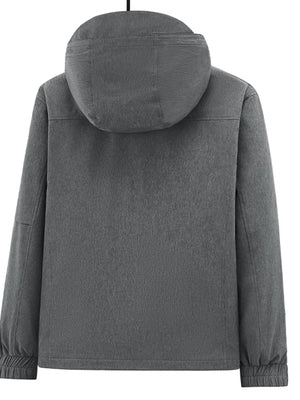 Plus-size iron gray hooded zip-up jacket with elastic cuffs and hem