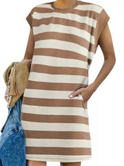 Striped mini dress with cap sleeves and pockets in brown and cream.