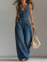 Button-front Denim Wide-leg Jumpsuit in Black, side view