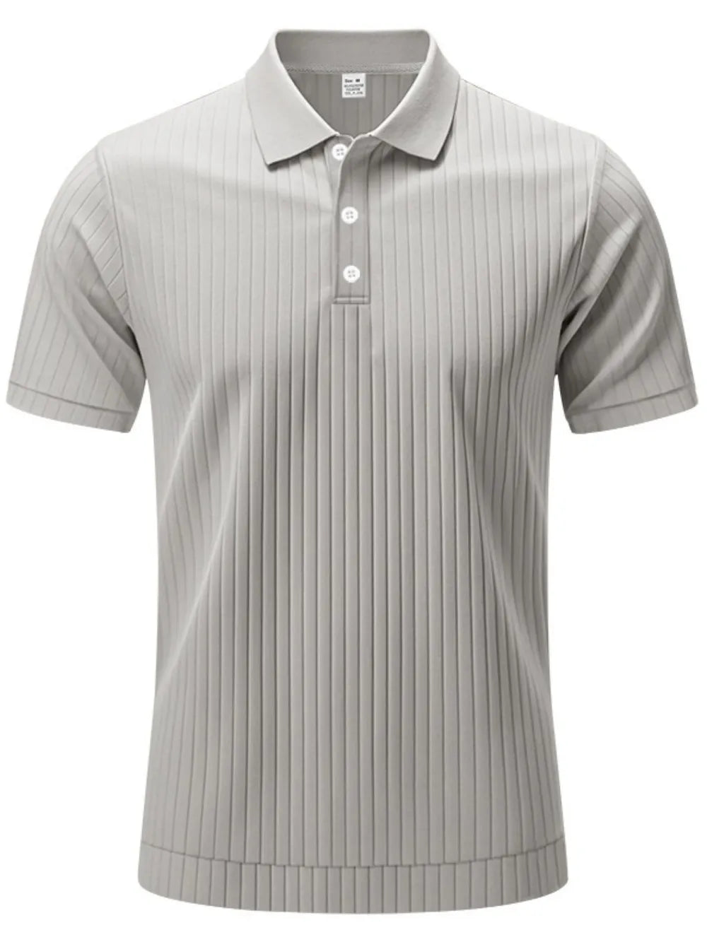 Gray ribbed polo shirt with short sleeves and a button-up collar.