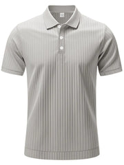 Gray ribbed polo shirt with short sleeves and a button-up collar.