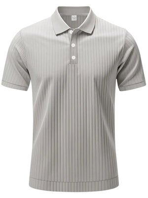 Gray ribbed polo shirt with short sleeves and a button-up collar.