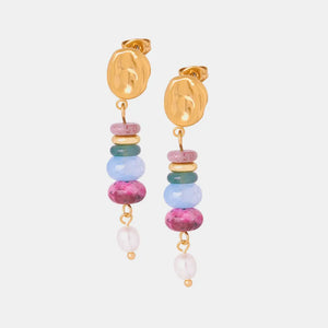 Stacked gemstone and pearl dangle earrings with 18K gold plating in light blue, green, and red hues.