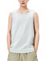 Men's light blue and tan color block tank top with a crew neck.