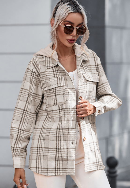 Oversized plaid shacket with attached hoodie and chest pockets.