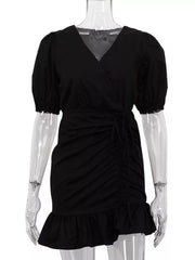 Puff Sleeve Ruffled Hem Mini Dress