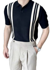 Black and ivory vertical stripe knit polo shirt with short sleeves and a collar.