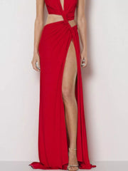 Deep Red Plunging V-neck Cutout Maxi Dress with high slit and knot detail