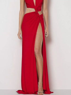 Deep Red Plunging V-neck Cutout Maxi Dress with high slit and knot detail