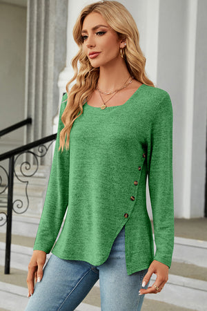 Green asymmetric square neck top with button detail on the side