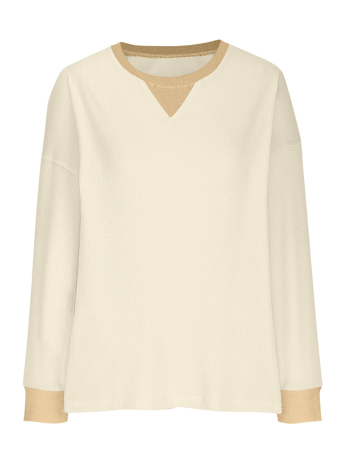 Cream waffle knit raglan sleeve sweatshirt with tan neckline and cuffs.