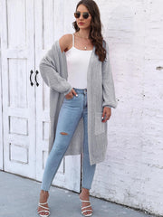 Ribbed knit maxi cardigan in charcoal with pockets and balloon sleeves.
