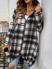 Draped plaid cocoon hoodie jacket in black, brown, and white with a zip front and hood.
