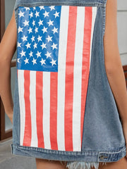 Denim vest with American flag graphic, sleeveless, casual style