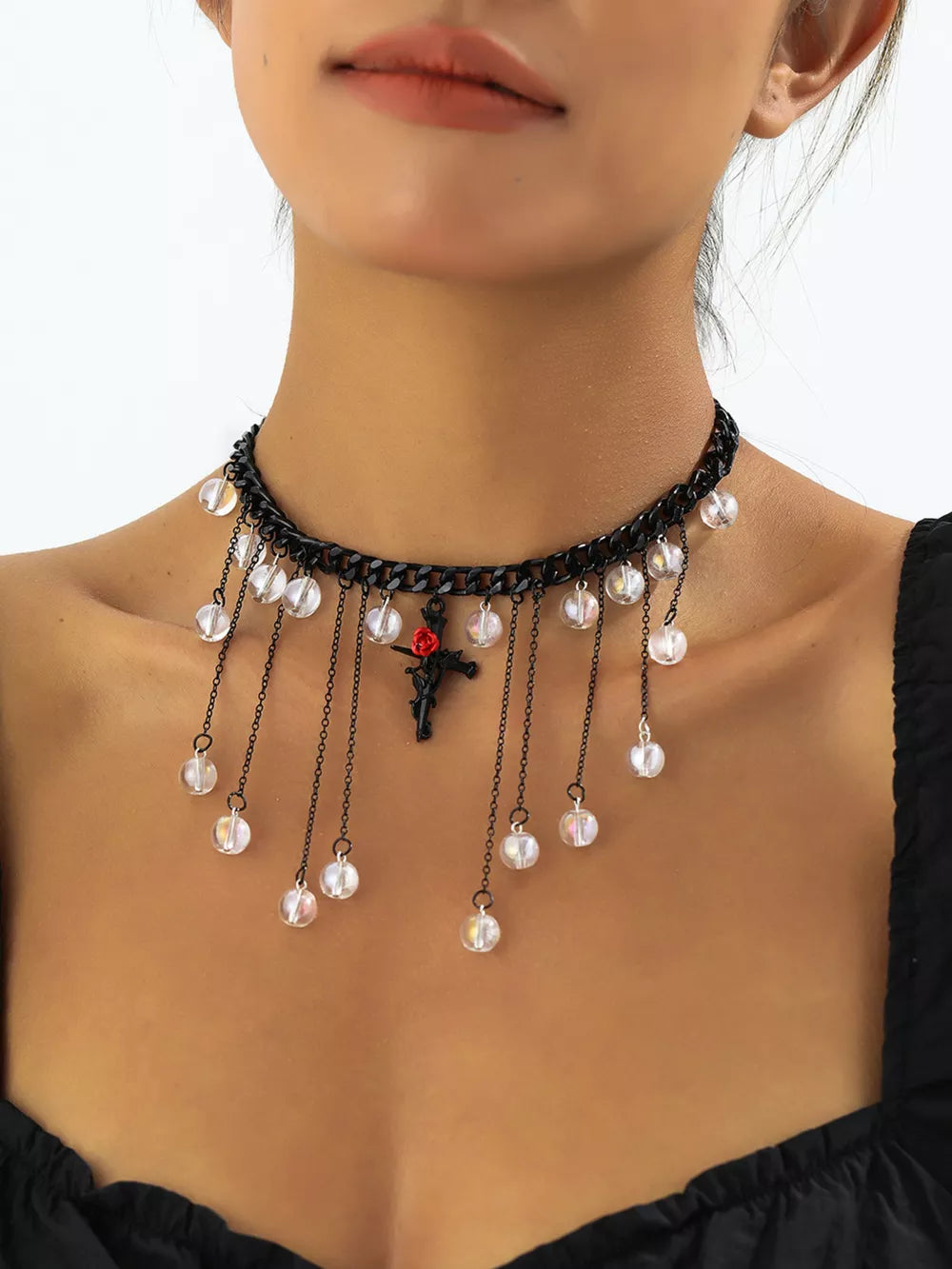 Gothic Rose Cross Dangle Necklace Alloy Resin in Black, model styling view