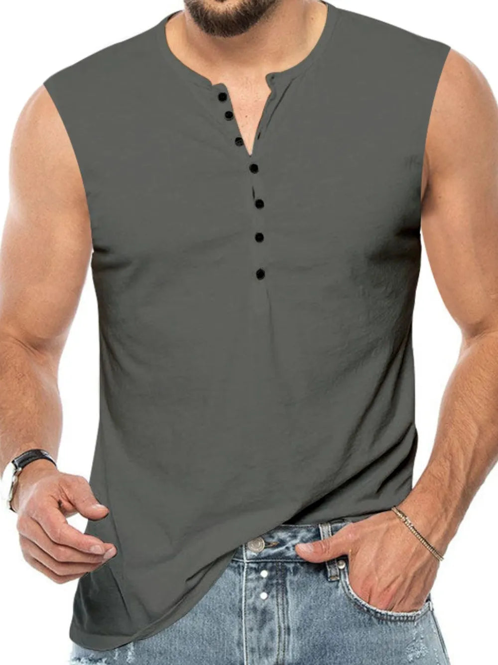 Sleeveless dark gray henley shirt with button placket and round neckline.