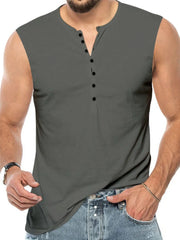 Sleeveless dark gray henley shirt with button placket and round neckline.