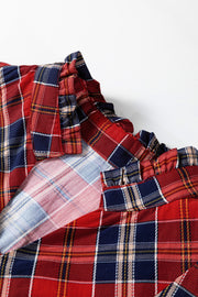 Burgundy tartan cotton blend mini dress with frilly collar detail