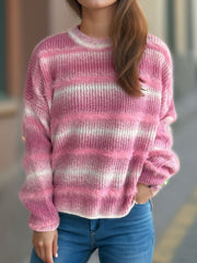 Pink ombre stripe fluffy knit crewneck jumper with fuzzy accents.