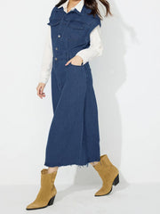 Sleeveless dark wash denim midi dress with button front, pockets, and frayed hem.
