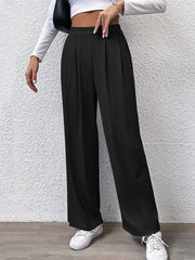 Black wide leg trousers with front pleats and a high waist.
